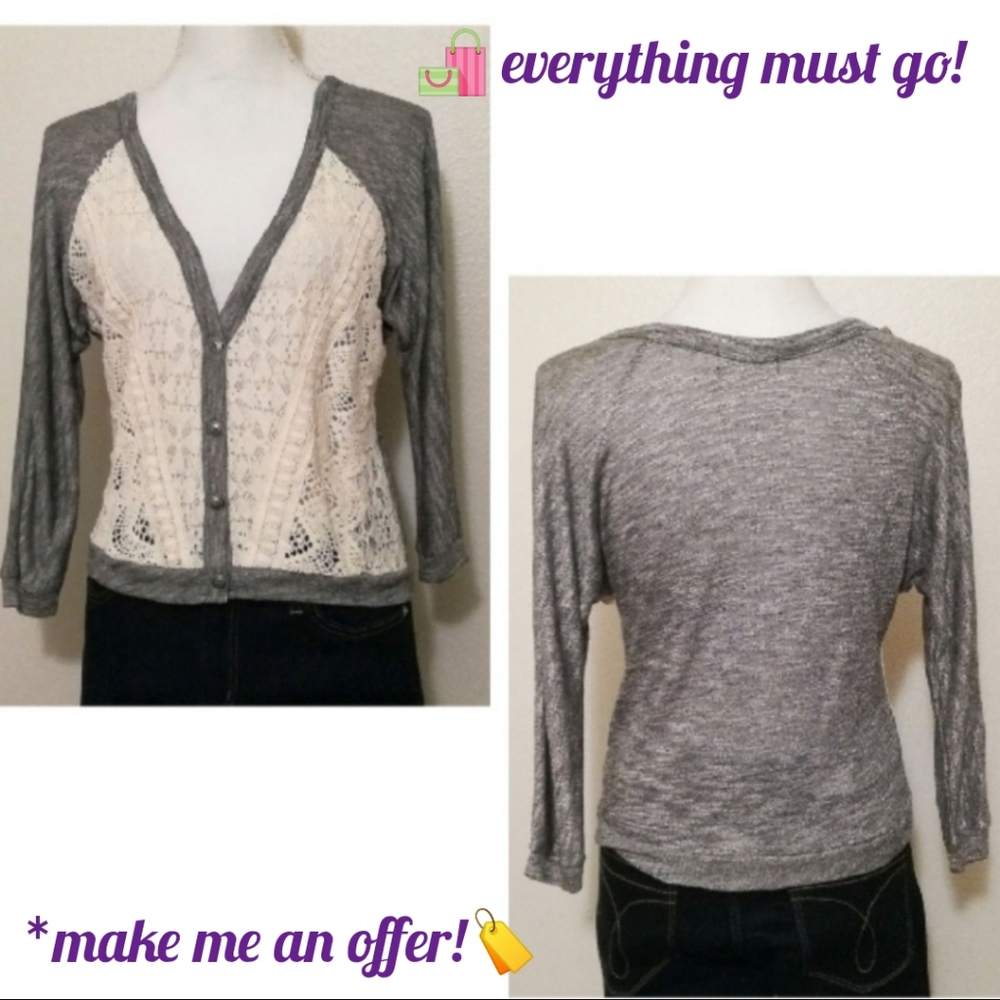 ♥️Cardigan w Crochet Front, Semi-Sheer Back